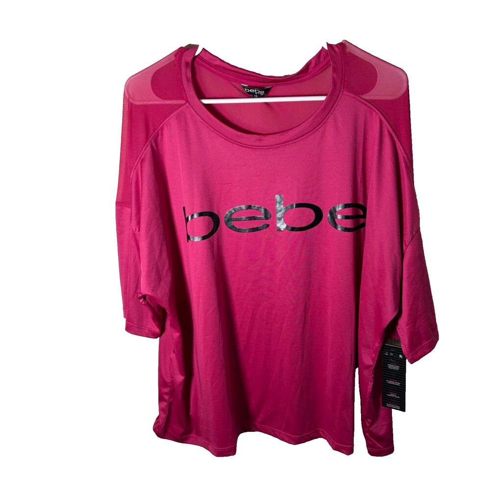 Bebe Sport T-Shirt Women's 2X Pink Mesh Athletic 3/4 Sleeve Casual Top